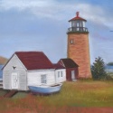 Lighthouse with rowboat by Mary Hollinger